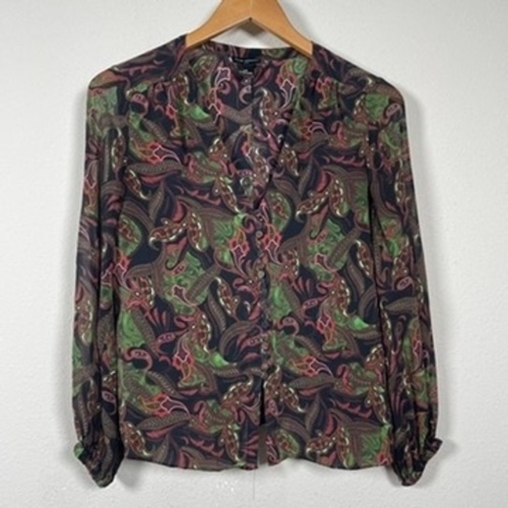 Club Monaco Silk Blouse Women M Black Green Long Sleeve Forest Fairy Boho